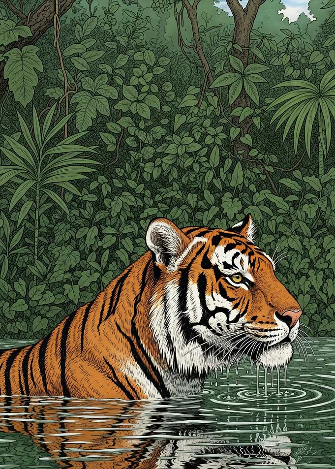 Tiger in Water Jungle Illustration