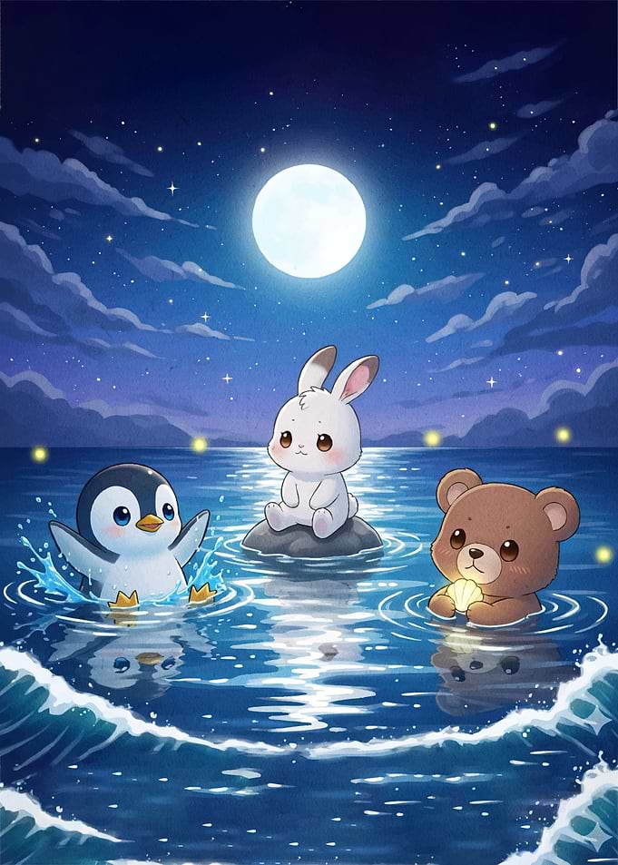 Cute Animals Moonlight Water