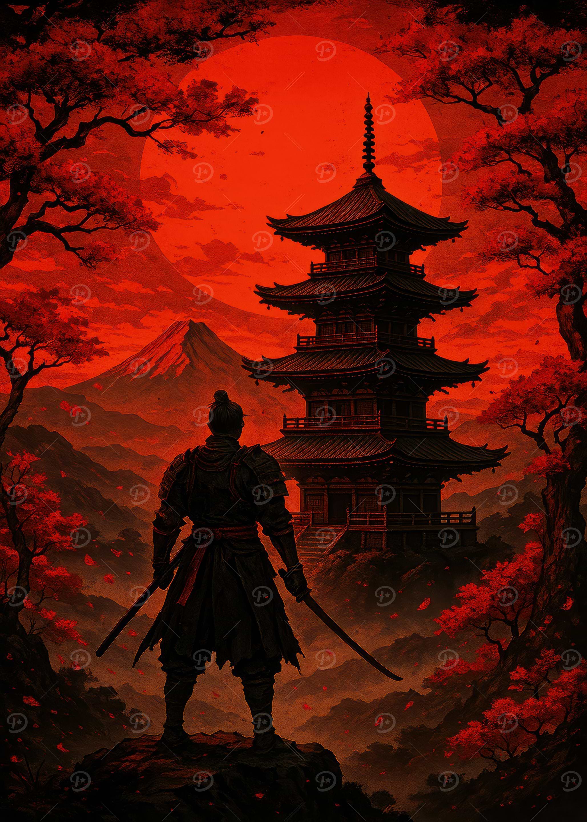 Samurai in Red Japanese Landscape