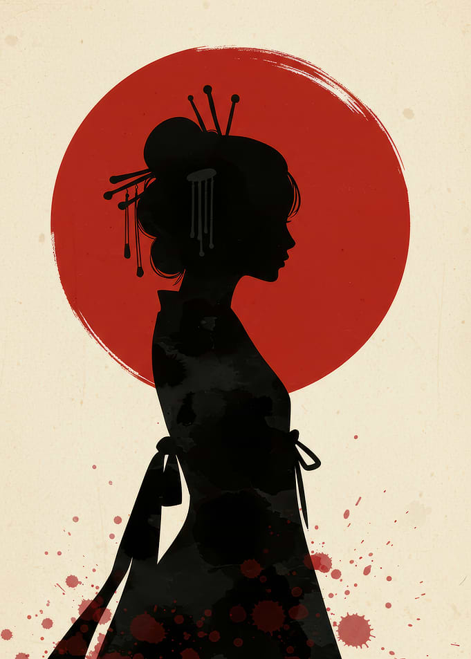 Geisha Silhouette with Red Sun