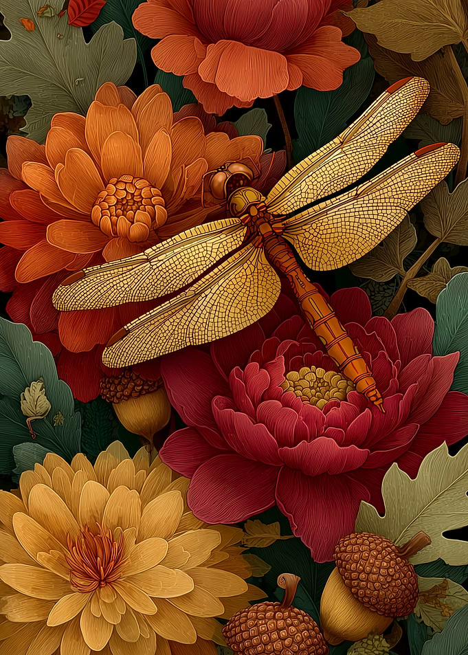 Dragonfly on Flowers and Acorns | Vintage Botanical Art