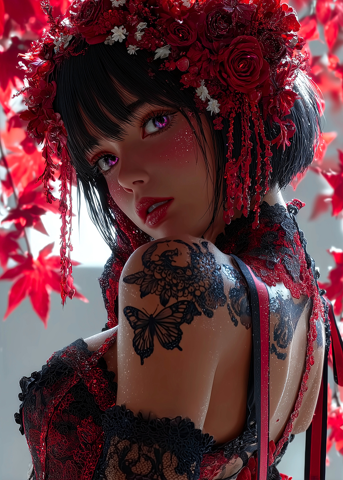 Red Floral Crown Woman Portrait