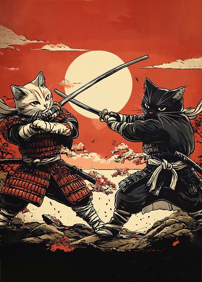 Samurai Cats Duel Red Sun