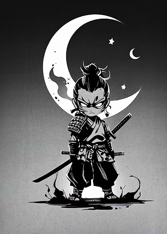 Chibi Samurai Warrior Under Crescent Moon