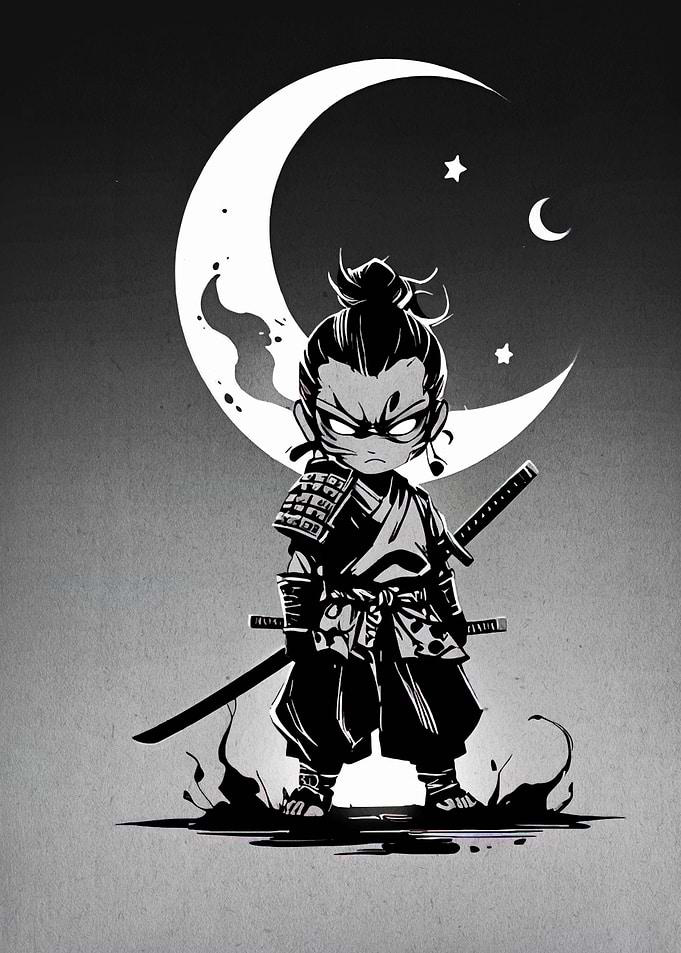 Chibi Samurai Warrior Under Crescent Moon