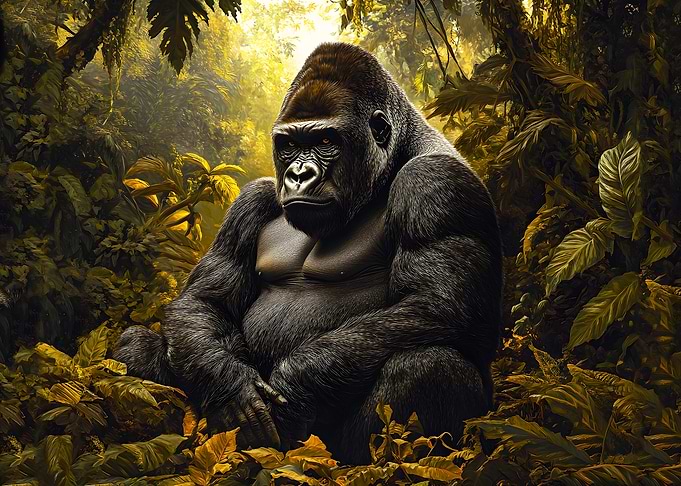 Gorilla in Jungle At Sunrise - Wildlife Photo
