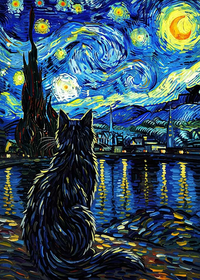 Cat gazing at Starry Night