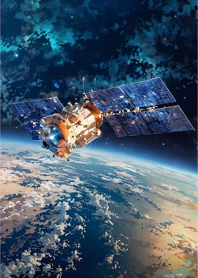 Satellite orbiting Earth in space art