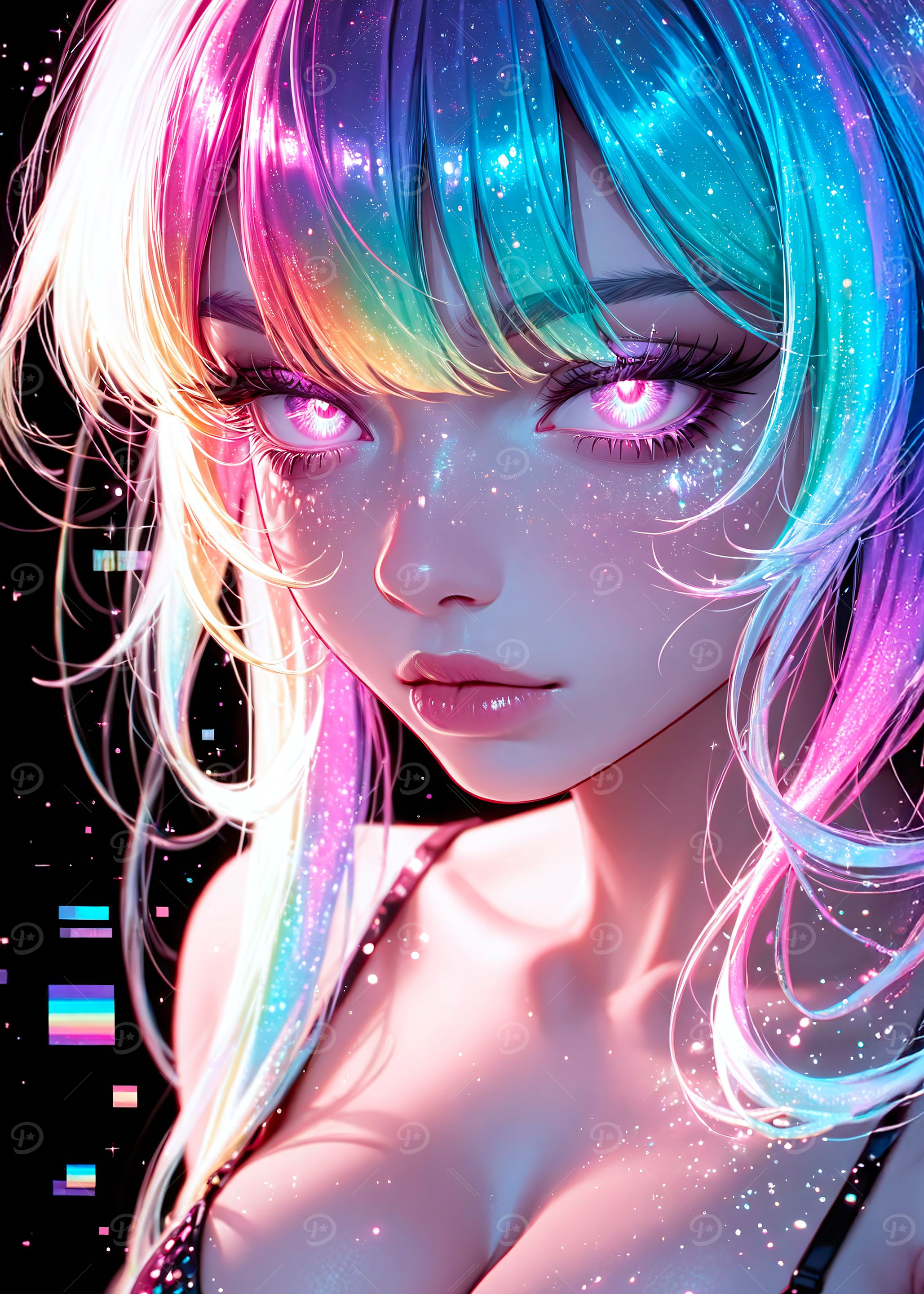 Rainbow Hair Anime Girl Portrait