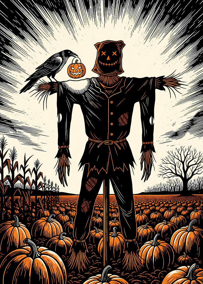 Vintage Halloween Scarecrow with Crow and Jack-O'-Lantern