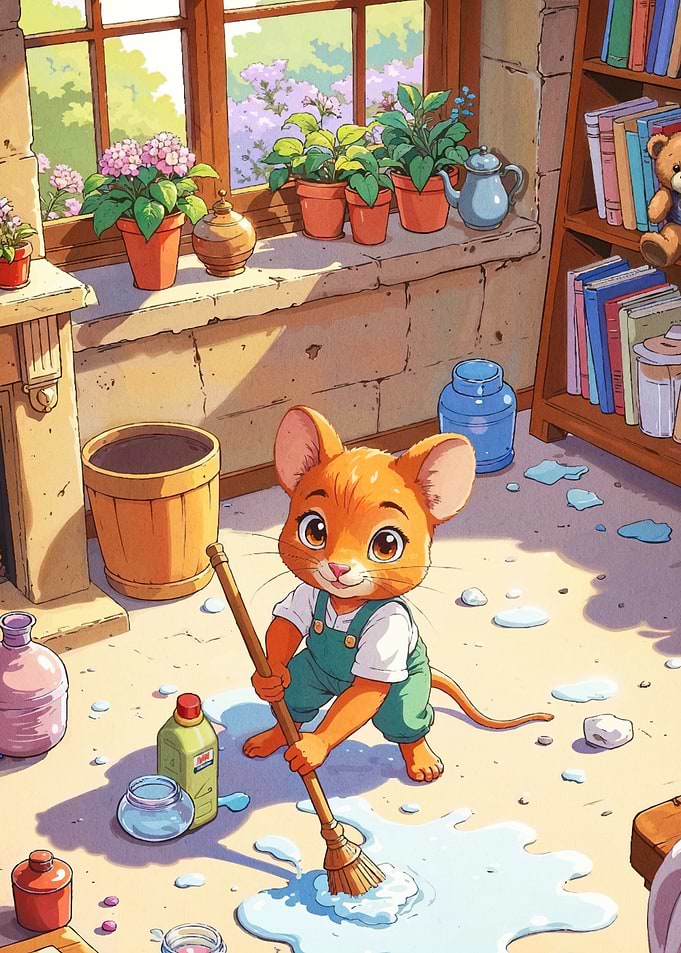 Cartoon Mouse Cleaning Broom