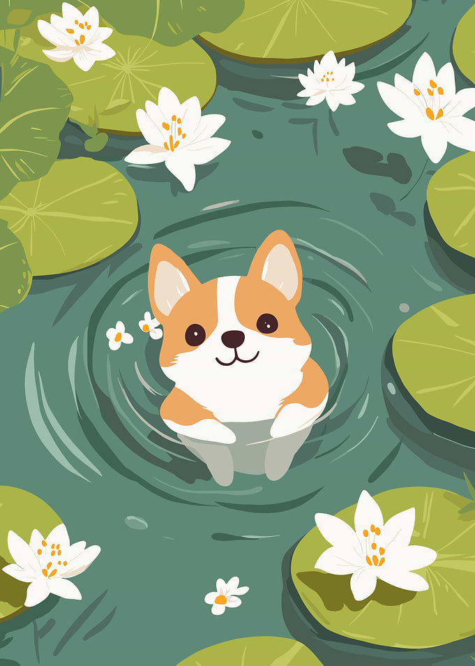 Corgi in Lily Pond Illustration