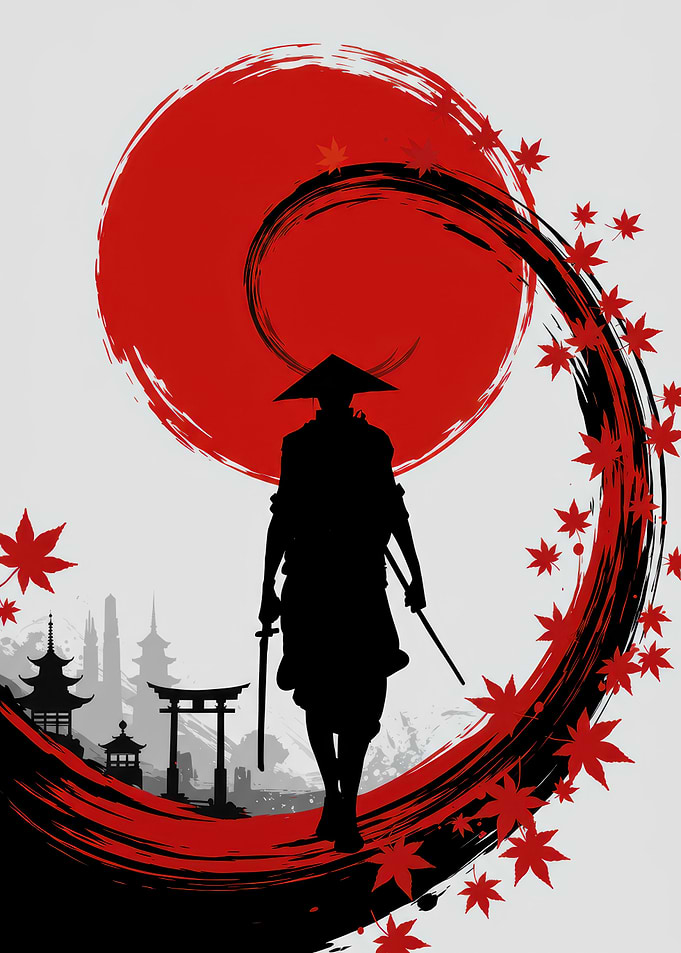 Samurai Silhouette with Red Sun and Leaves