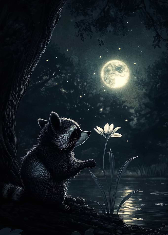 Raccoon and Flower Under Moonlight