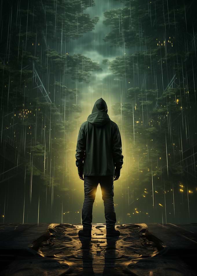 Hooded Figure Rainy Forest