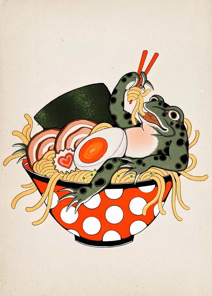 Frog enjoying ramen in a bowl