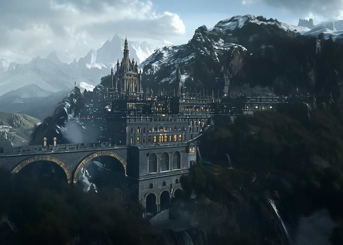 Fantasy Gothic Castle in Mountain Landscape