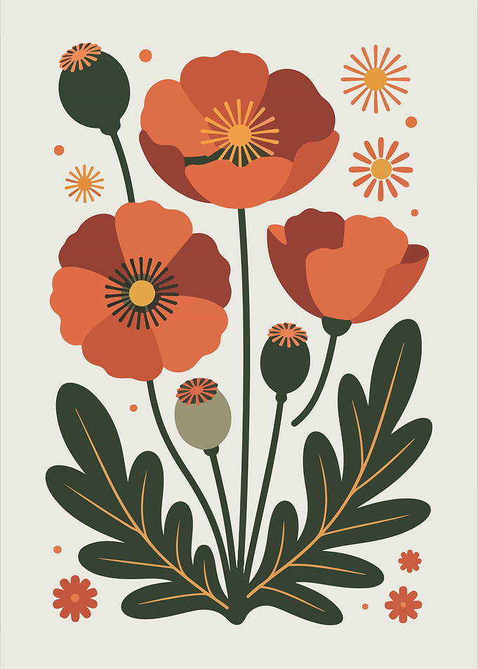 Floral Illustration with Poppies and Leaves