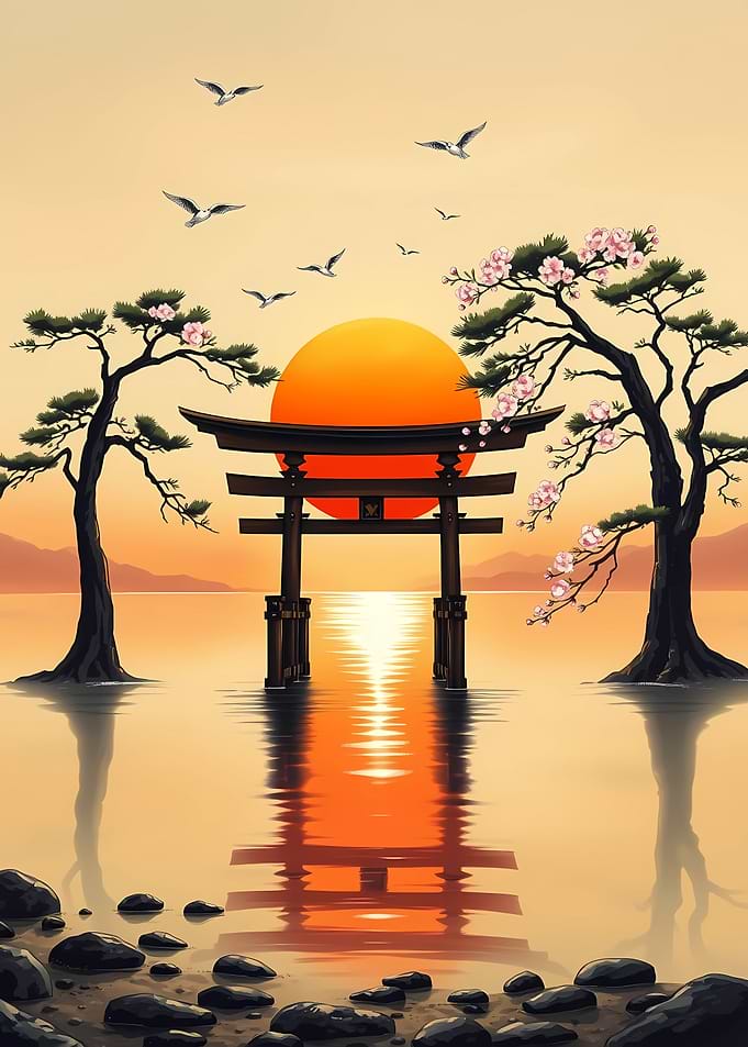 Japanese Torii Gate Sunset Landscape
