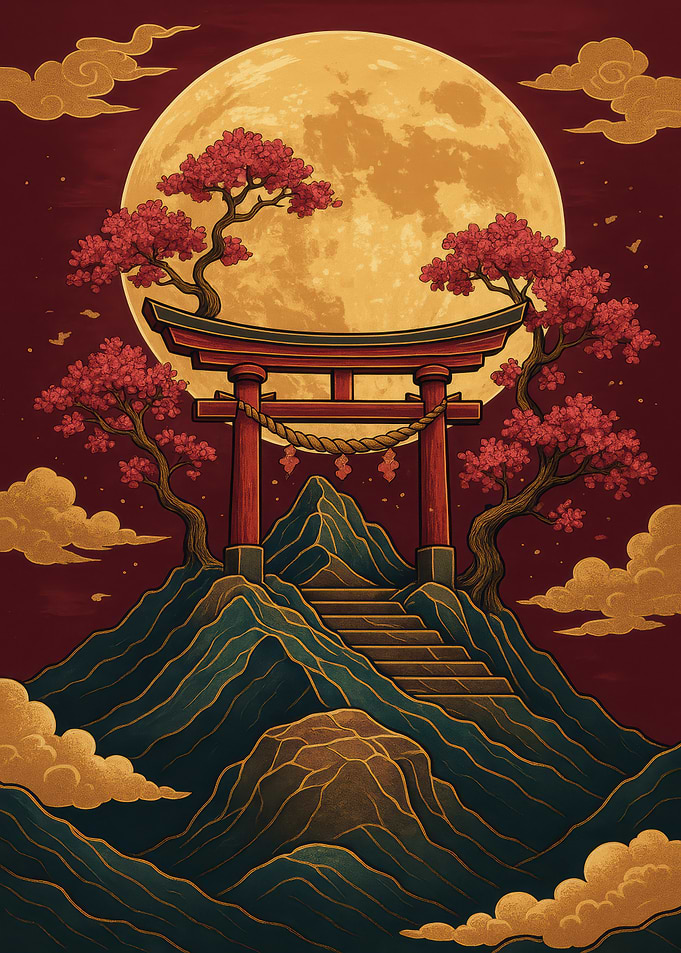Japanese Torii Gate with Moon