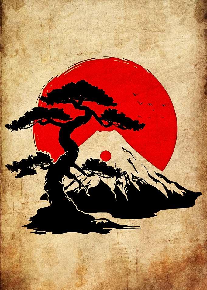 Japanese Landscape with Tree and Mountain