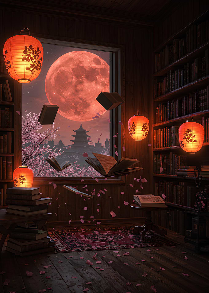 Library with Floating Books and Moon