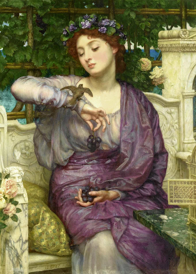 Girl with Bird and Grapes Painting