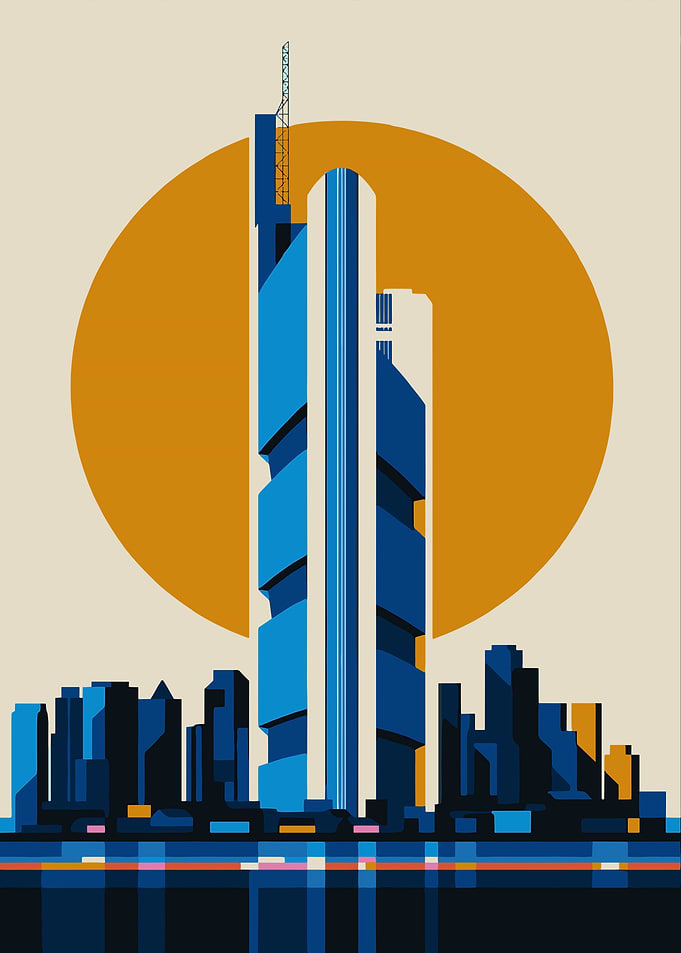 Modern Cityscape with Tower and Sun