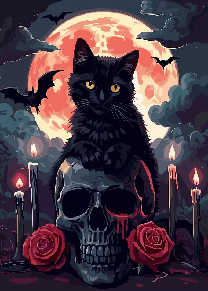 Halloween Black Cat on Skull #HalloweenChallenge