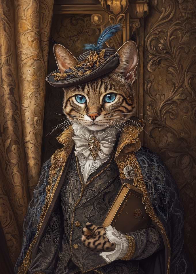 Elegant Cat Portrait in Victorian Attire | | Vintage Cat Wall Art