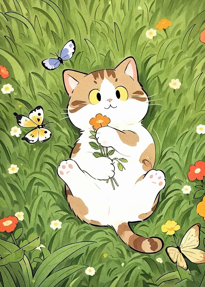 Cat with Flowers in a Meadow