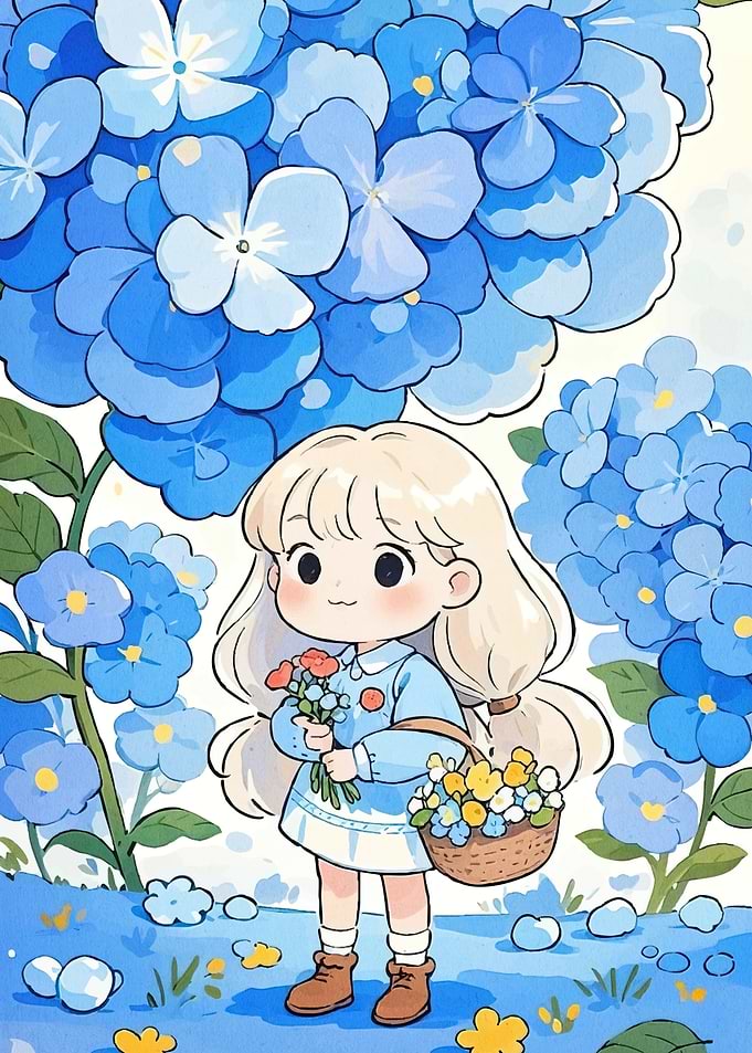 Chibi girl flowers hydrangeas