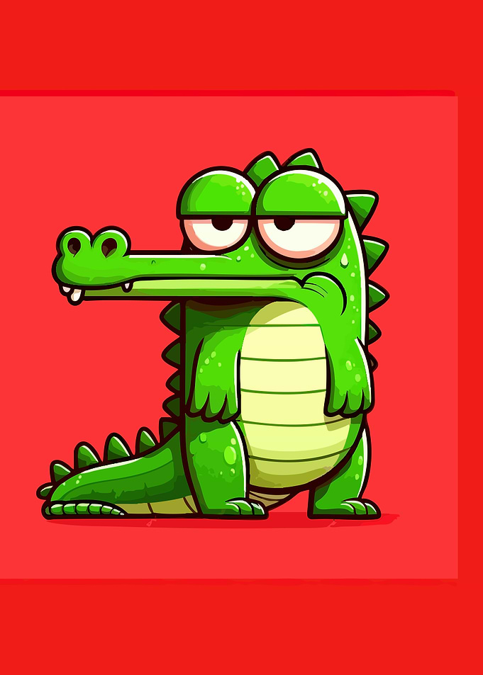 Cartoon Green Crocodile on Red Background