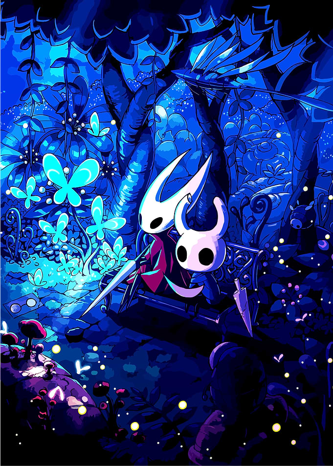 Hollow Knight characters in blue forest