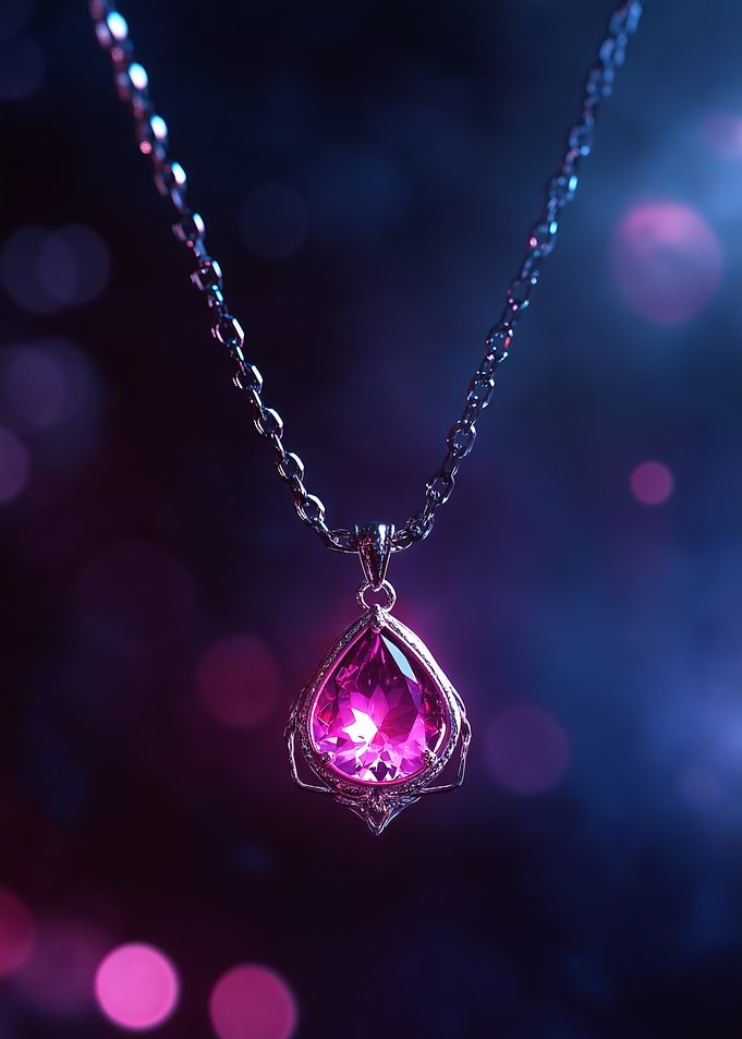 A glowing anime necklace with a radiant pink gemstone