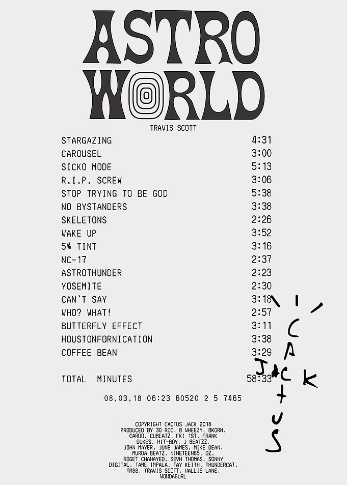Travis Scott Astroworld Tracklist Receipt