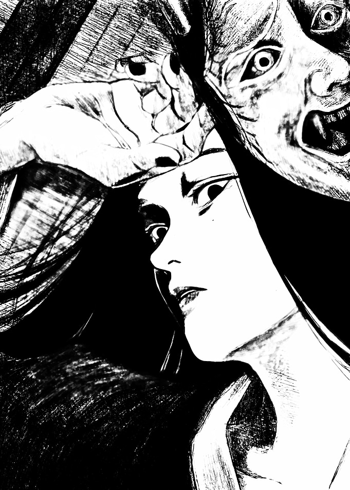 Woman with Oni Mask, Black and White