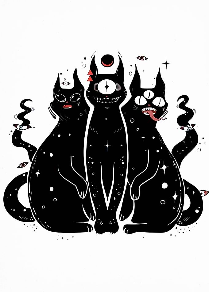 Three mystical black cats illustration