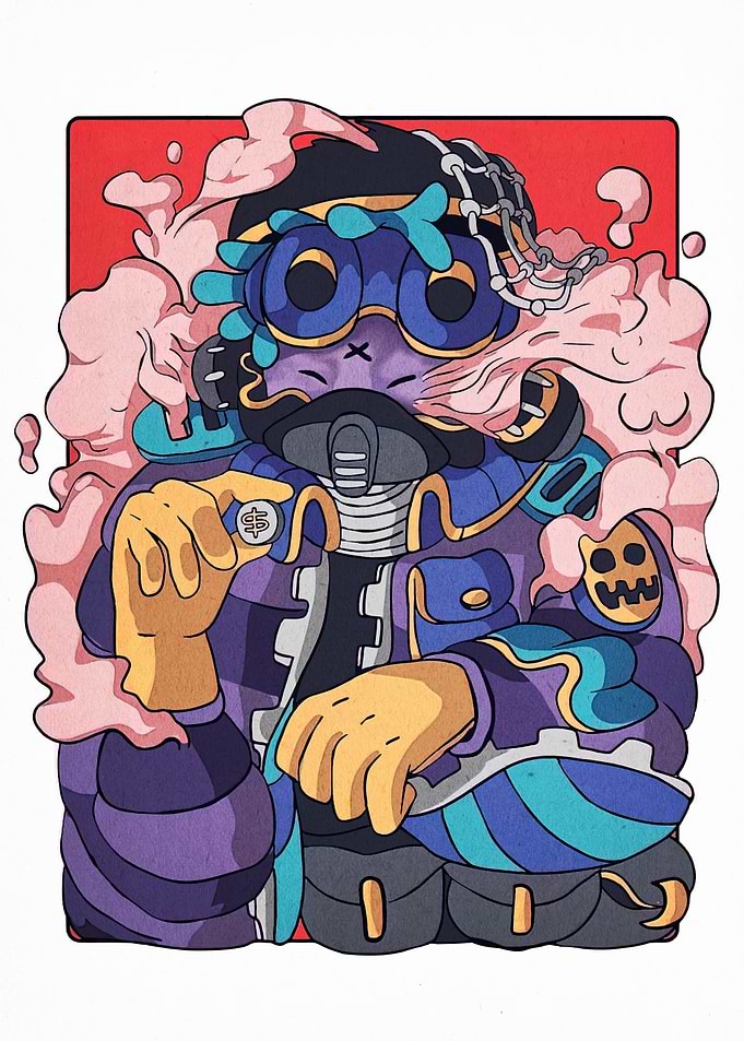 Stylized Character with Gas Mask and Coin