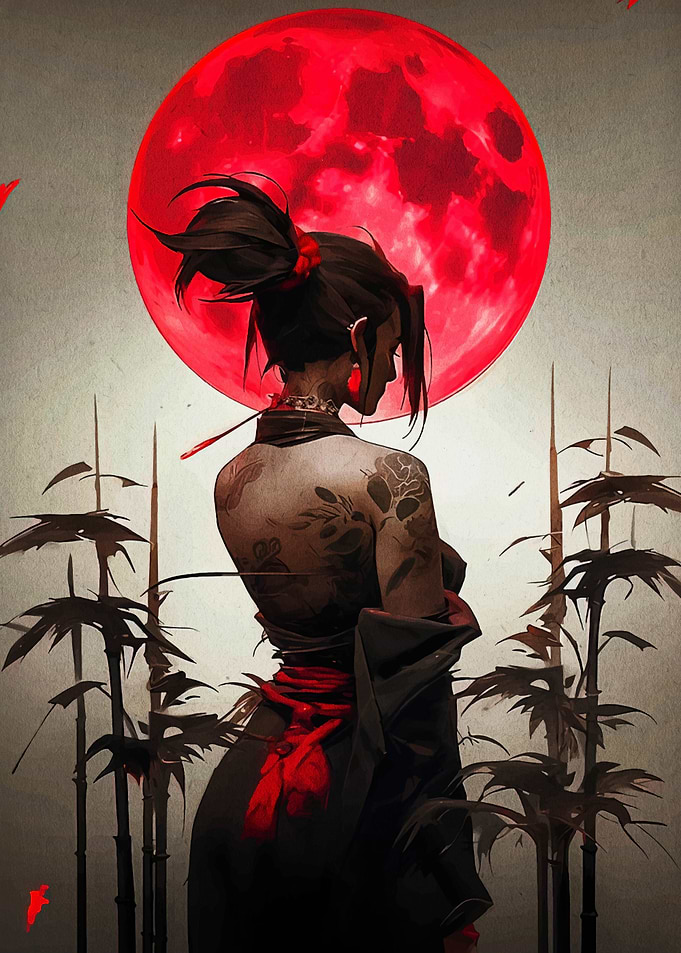 Tattooed Woman with Red Moon Backdrop