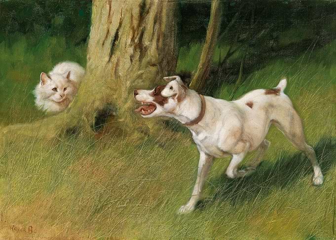 Dog Confronting Cat Painting