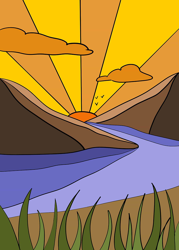 Cartoon Sunset Landscape with River