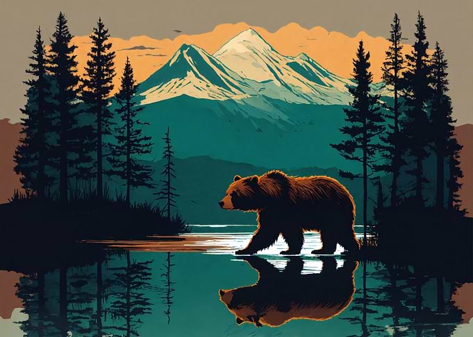 Bear in Mountain Lake Landscape