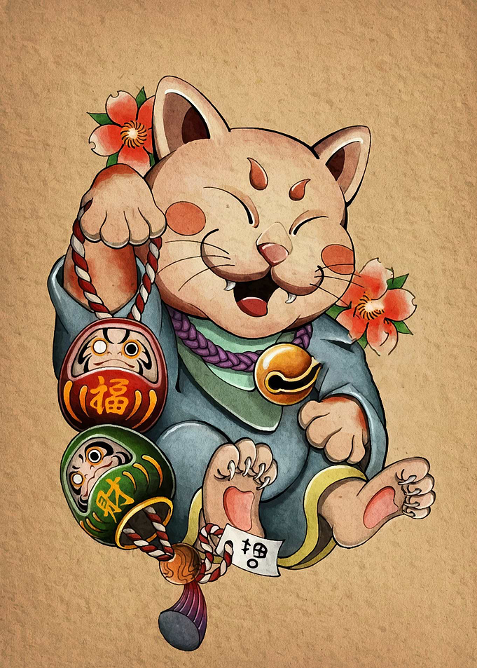 Maneki Neko with Daruma Dolls