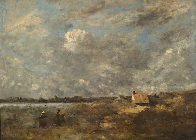 Landscape painting with figures and buildings