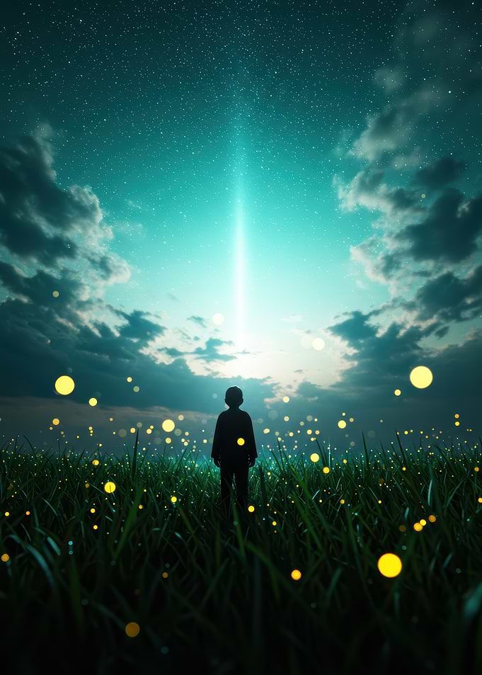 Boy Stargazing with Fireflies and Lightbeam