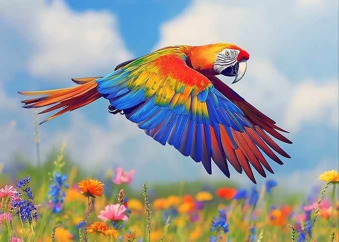 Scarlet Macaw in Flight over Flowers - Nature photo