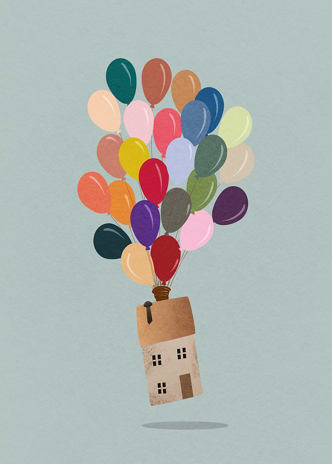 House Floating with Balloons Illustration