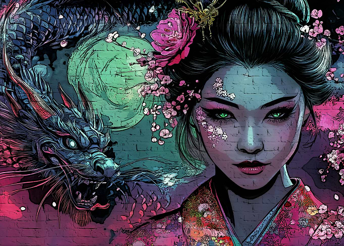 Geisha and Dragon Digital Art