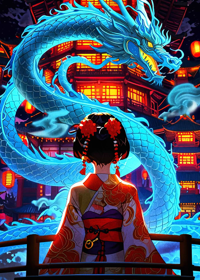 Anime Girl with Dragon and Pagodas